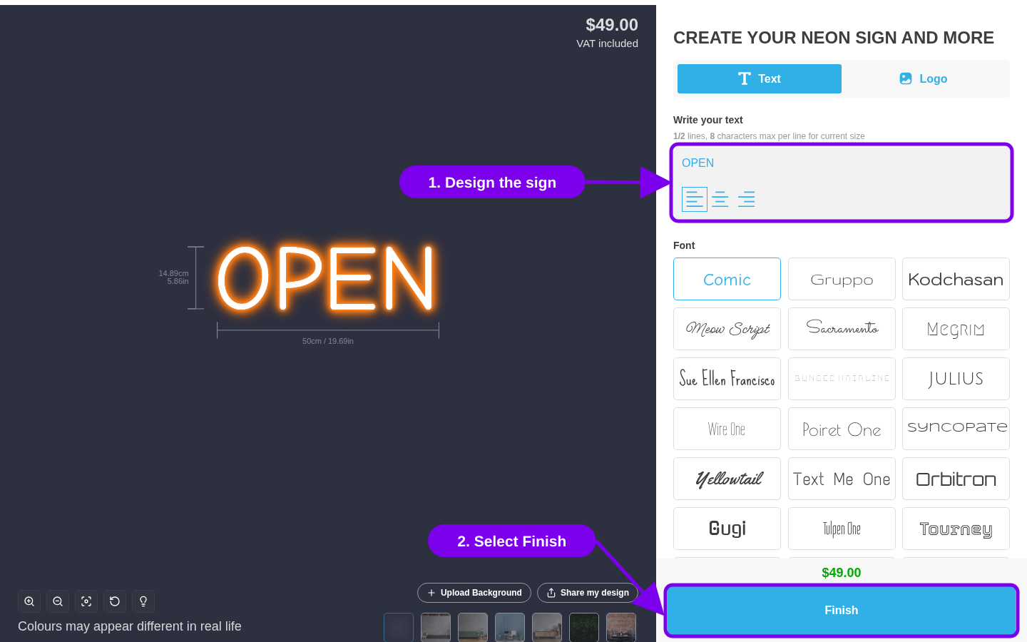 The demo customiser with the text field and the Finish button marked