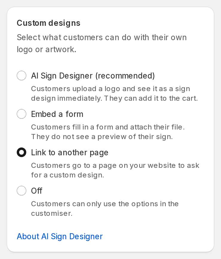 The Custom designs card with Link to another page selected, and the Link to external page section below it