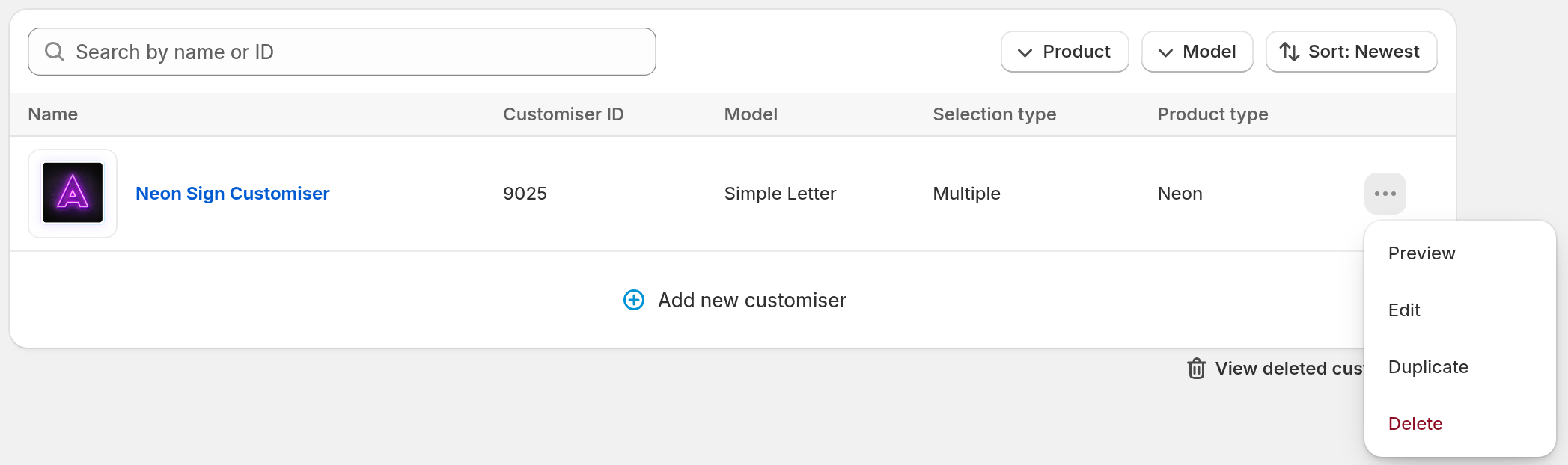 Customisers list with the three-dot menu open on a row, showing Preview, Edit, Duplicate and Delete