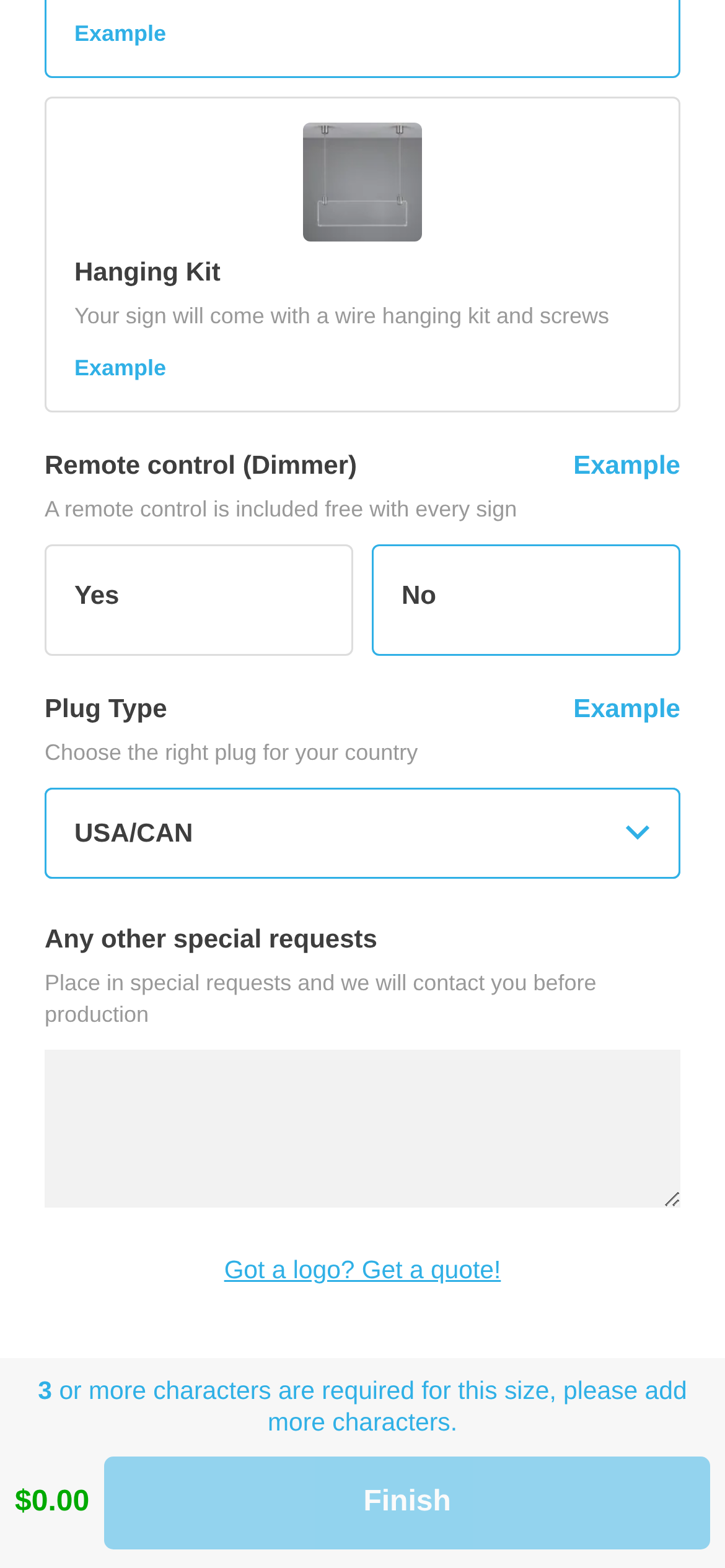 Customer customiser on mobile. The link Got a logo? Get a quote! appears below the last selection and above the Finish bar.