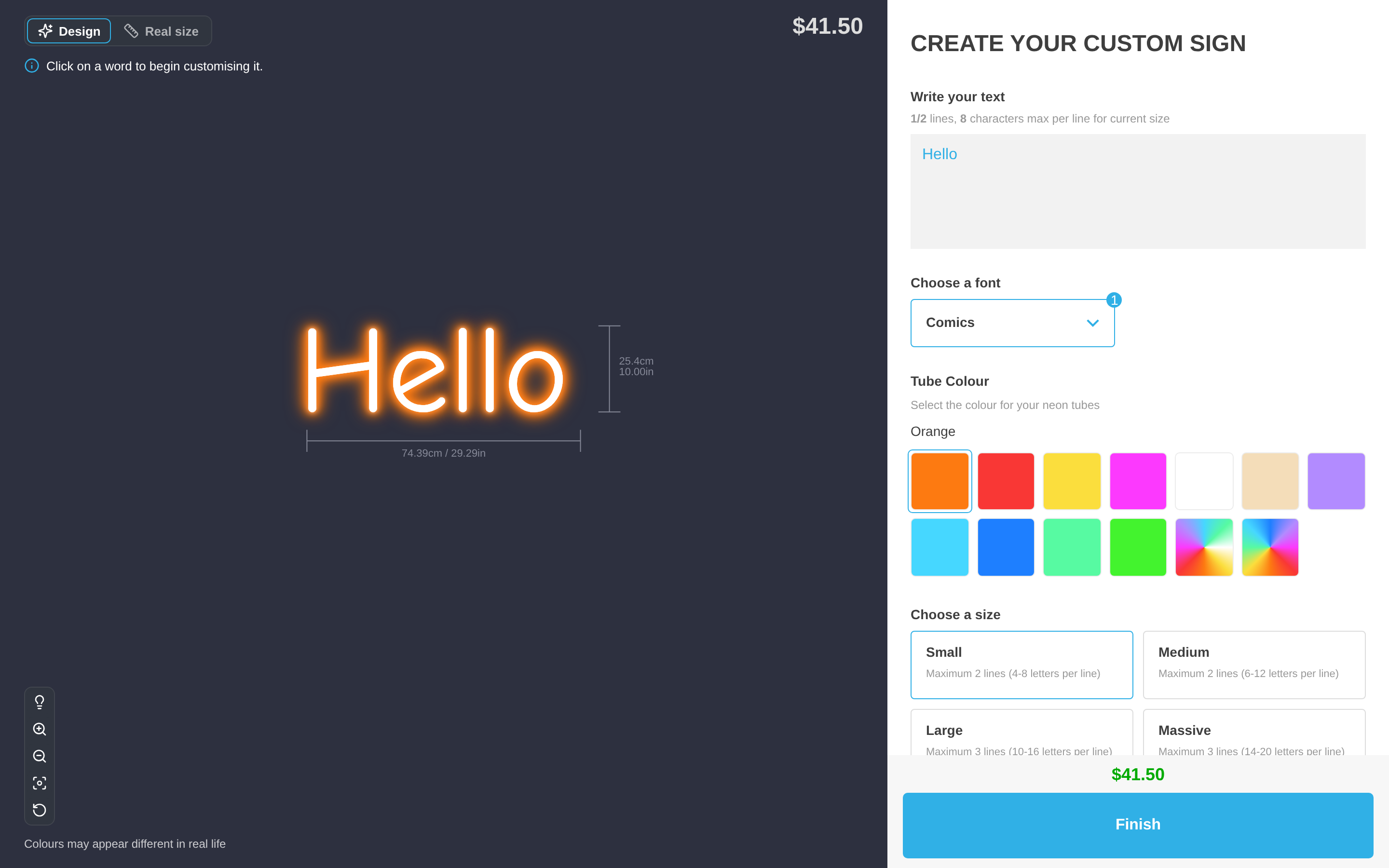 The customer customiser with a neon sign on the dark visualiser, the price above it, and the sidebar with options, price and the Finish button
