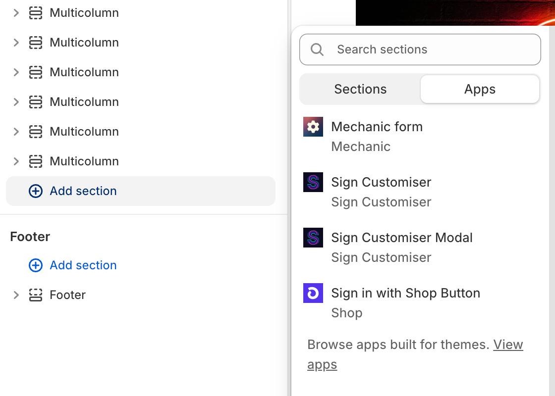 The theme editor with Add section selected. The Apps tab lists Sign Customiser and Sign Customiser Modal.