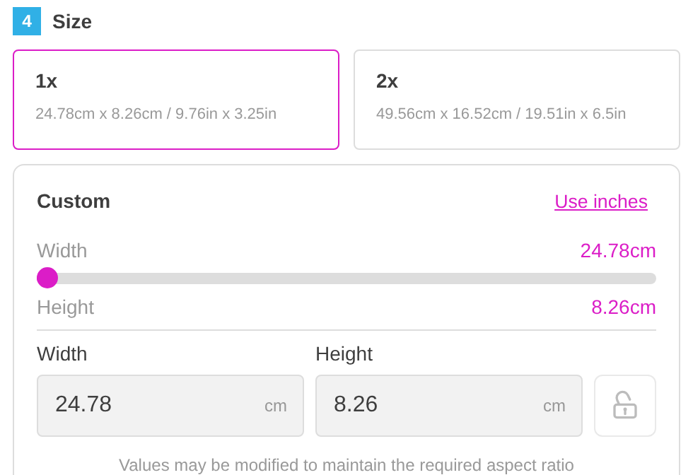Custom size panel in the customer customiser showing a slider, Width and Height fields and an open padlock
