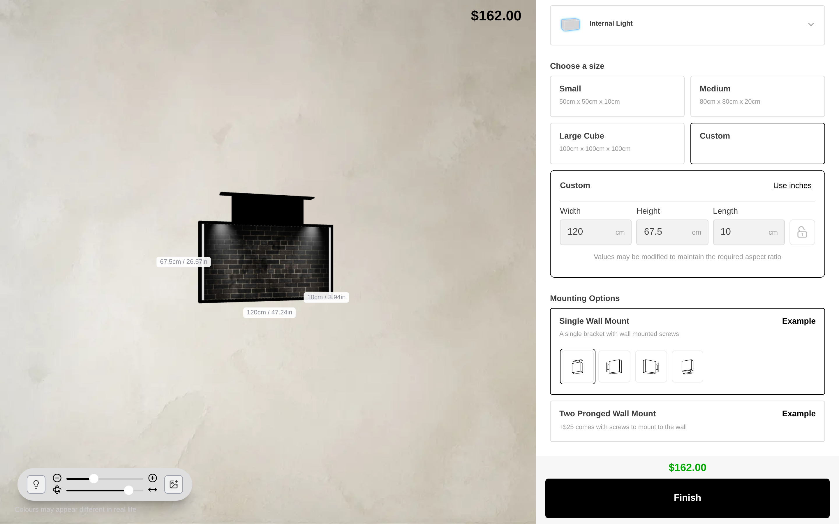 The lightbox preview with the uploaded photo on its face and the Custom size panel showing Width 120, Height 67.5 and Length 10