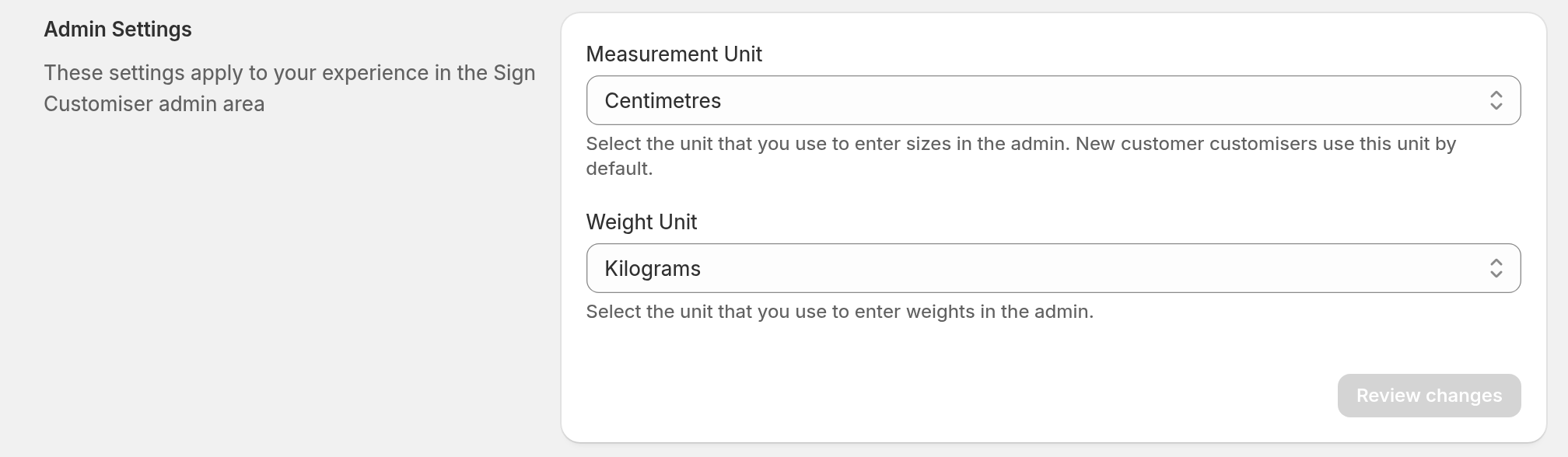 The Admin Settings section of Store Settings, with the Measurement Unit select set to Centimetres and the Weight Unit select below it.