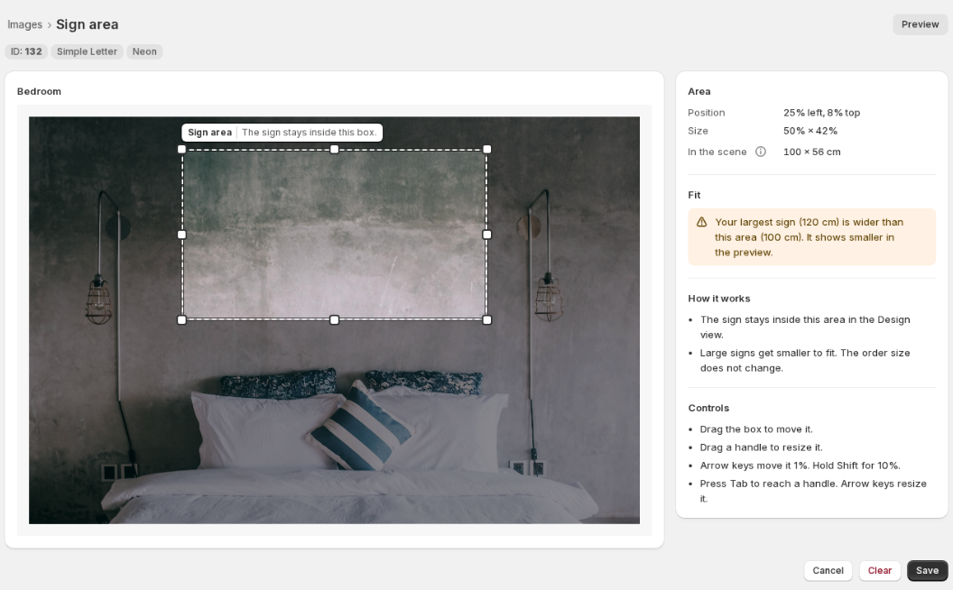 The Sign area page with a dashed box on a bedroom photo, the Area, Fit, How it works and Controls panels, and the Cancel, Clear and Save buttons