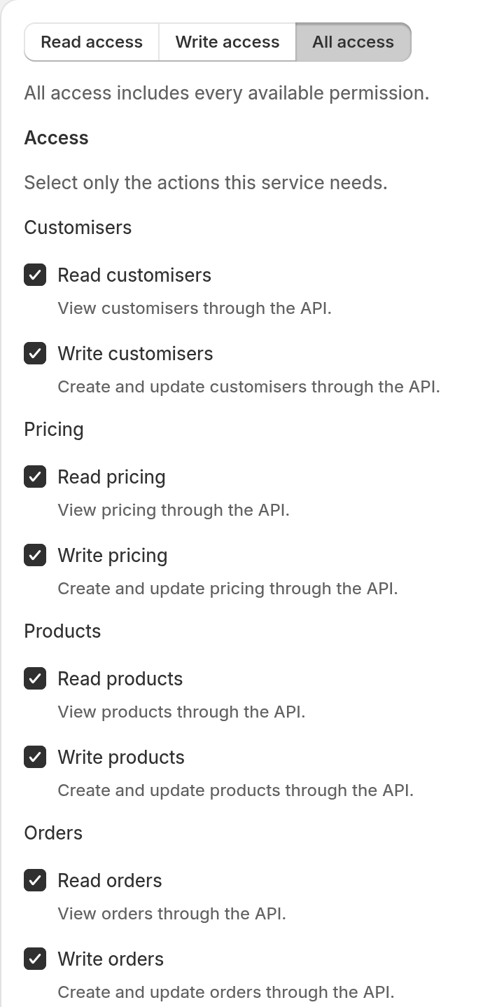 The Access section of the Create API key form, with the Read access, Write access and All access buttons and the Orders permissions