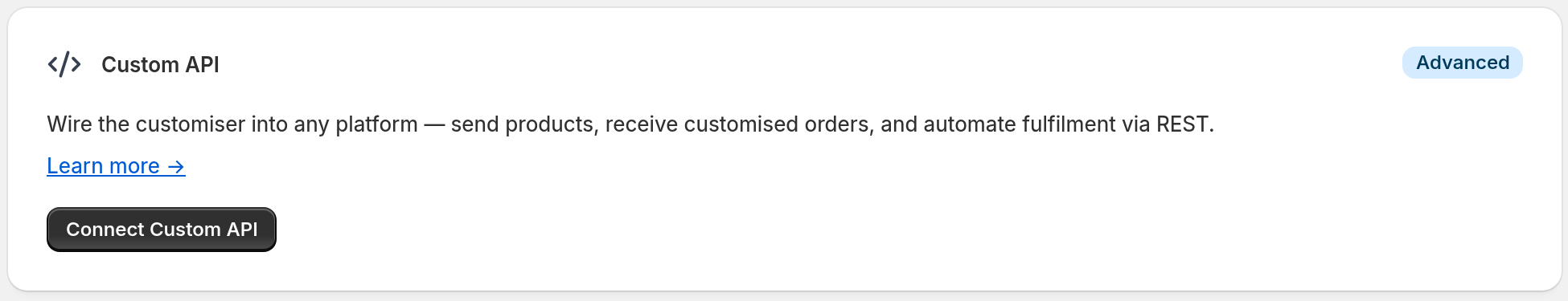The Custom API card on the Integrations and Webhooks page with the Advanced badge and the Connect Custom API button