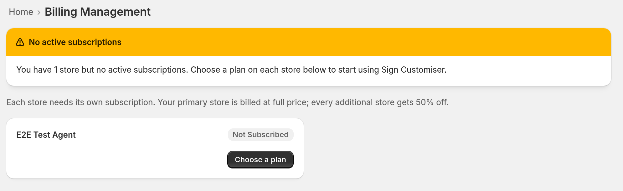 The Billing Management page with a status banner and a store card that has a status badge and a Choose a plan button