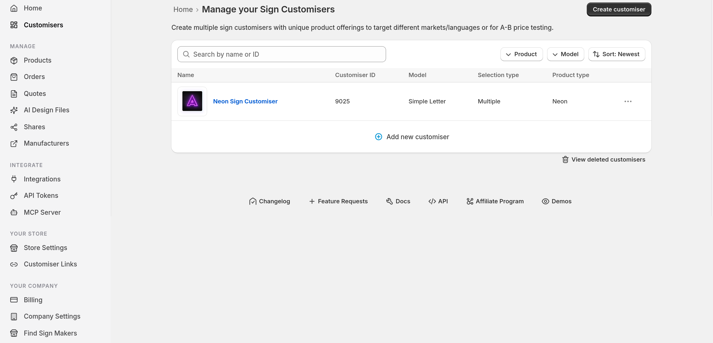 The Customisers page titled Manage your Sign Customisers, with the customiser name shown as a link in the list