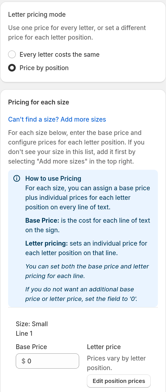 The Simple Letter pricing form. Under Letter pricing mode, Price by position is selected. Each line of the size shows a Letter price summary that reads Prices vary by letter position, with an Edit position prices button.