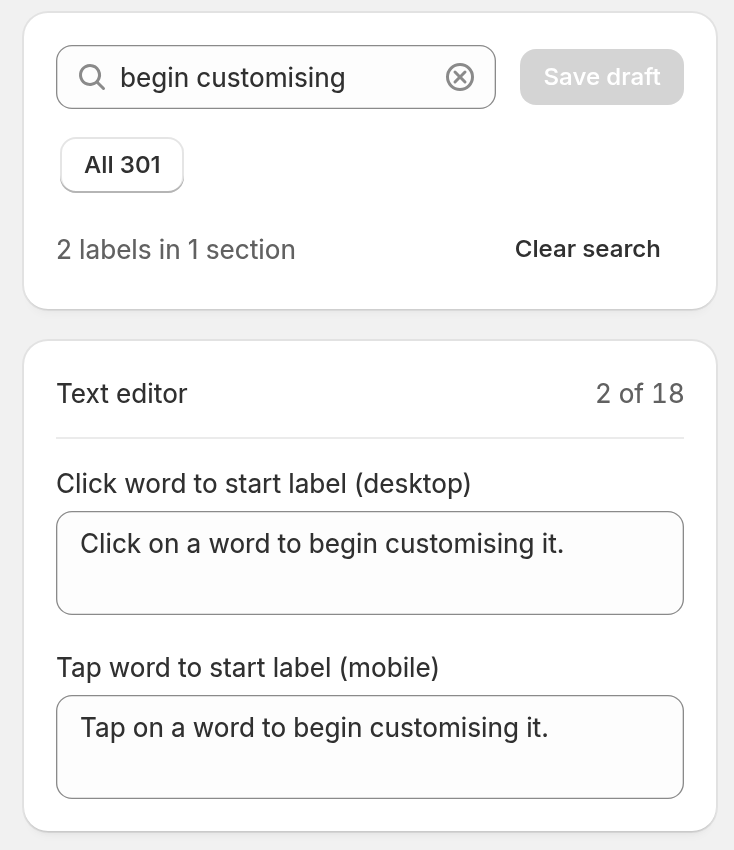 The Edit language page filtered by the search term begin customising, showing the Click word to start label and Tap word to start label fields in the Text editor section