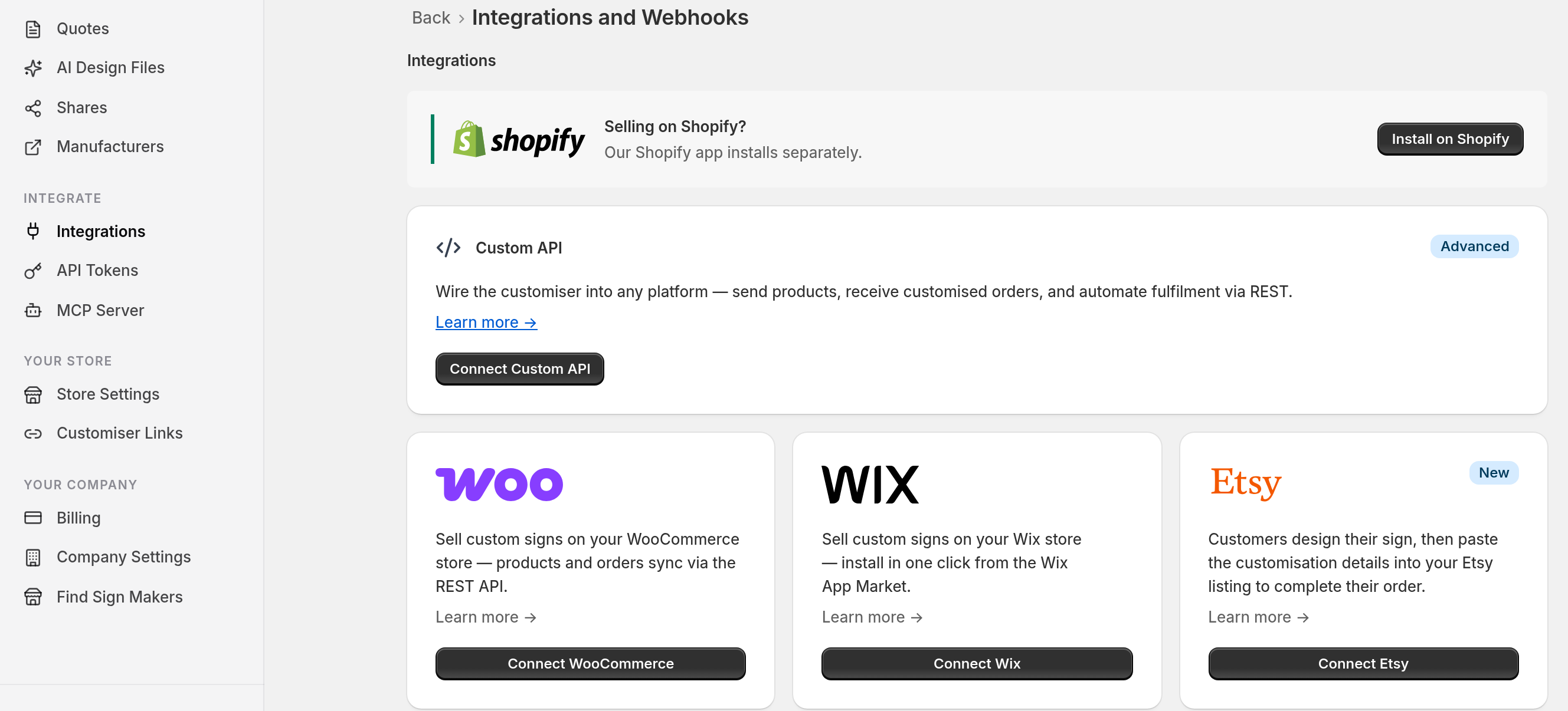 The Integrations and Webhooks page in Sign Customiser with the Connect Custom API and Connect WooCommerce buttons