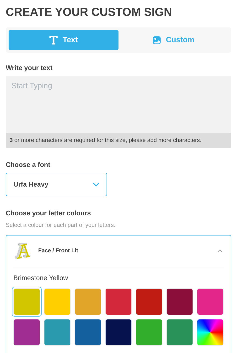 Customer customiser for a channel-letter sign. The Choose your letter colours section shows a Face / Front Lit card with a grid of colour swatches.