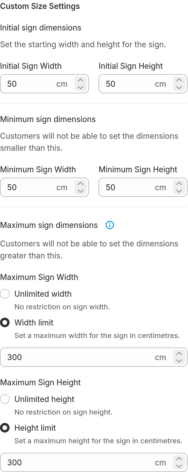 The Custom Size Settings card in the Sizes page of a Frame Fit customiser, showing Initial sign dimensions, Minimum sign dimensions and Maximum sign dimensions with the Unlimited width, Width limit, Unlimited height and Height limit choices