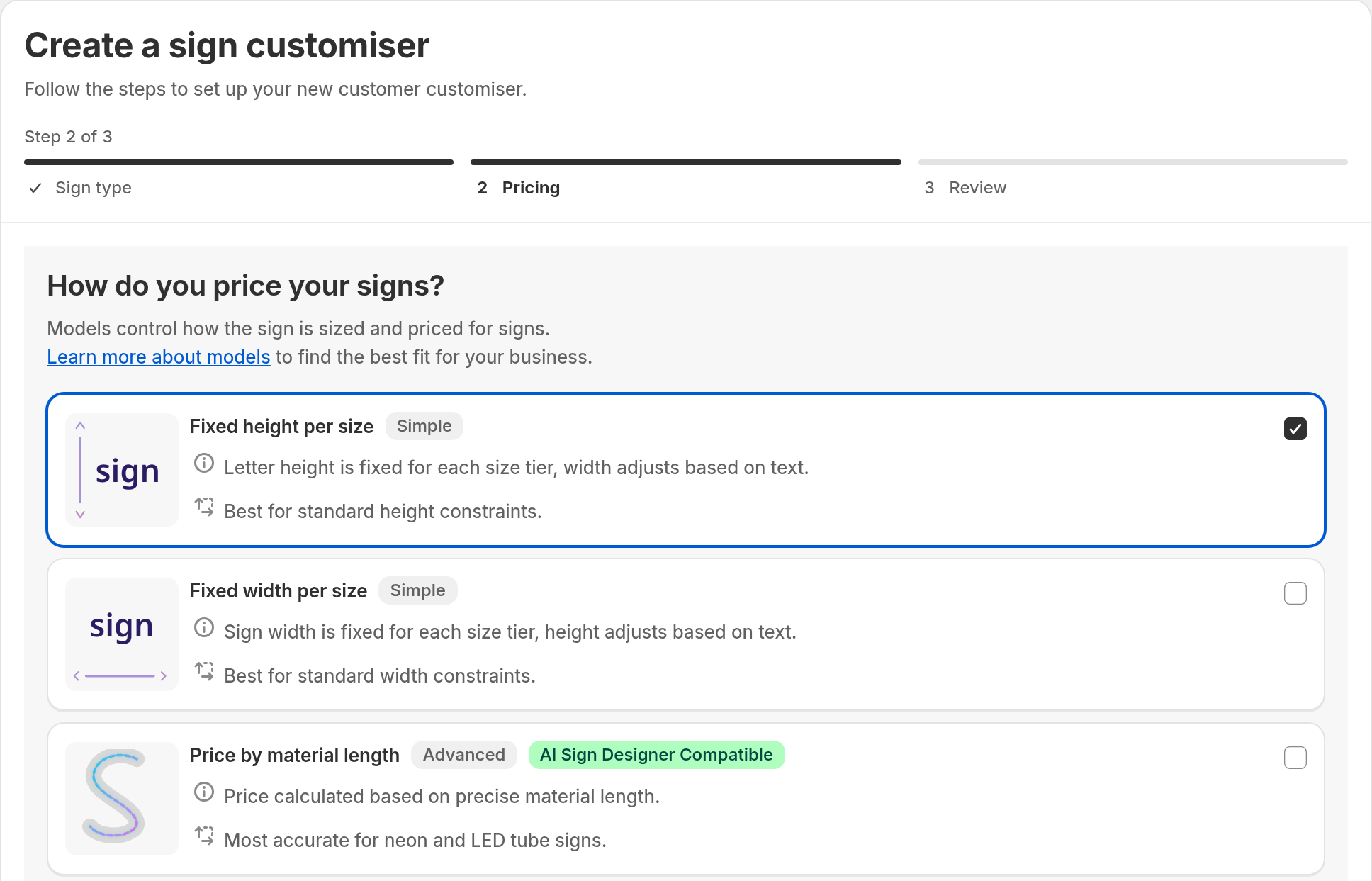 Pricing step of Create a sign customiser. The Price by material length option shows an AI Sign Designer Compatible badge.