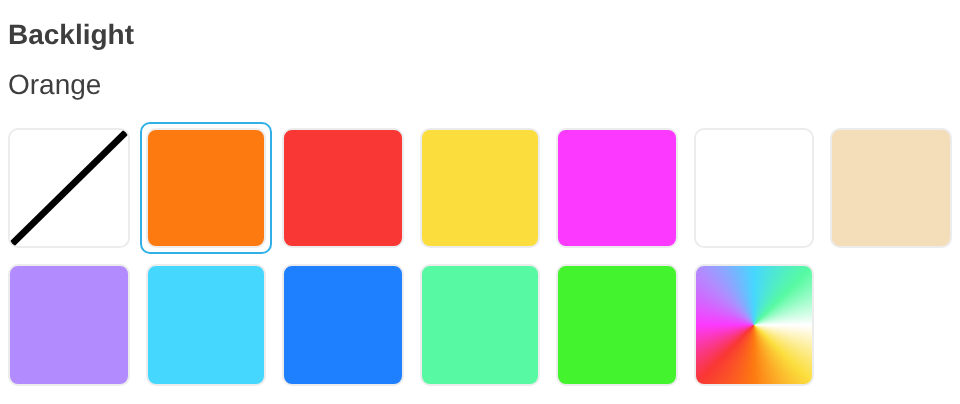 The Backlight step in the customiser with the None swatch first, then Orange (selected), Red, Yellow and other colour swatches.