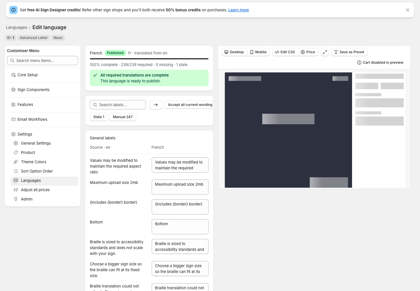 French language editor showing published status, completion, stale count and translation filters