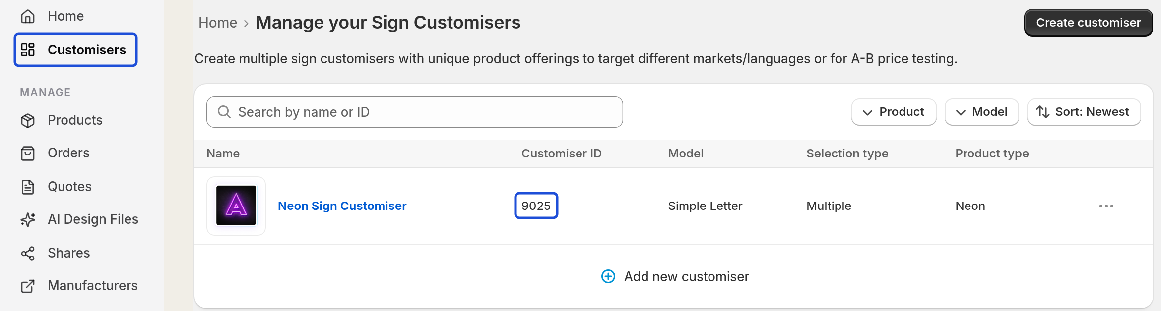 Customisers list in the admin with the Customisers menu item selected and the Customiser ID column showing the ID of each customiser