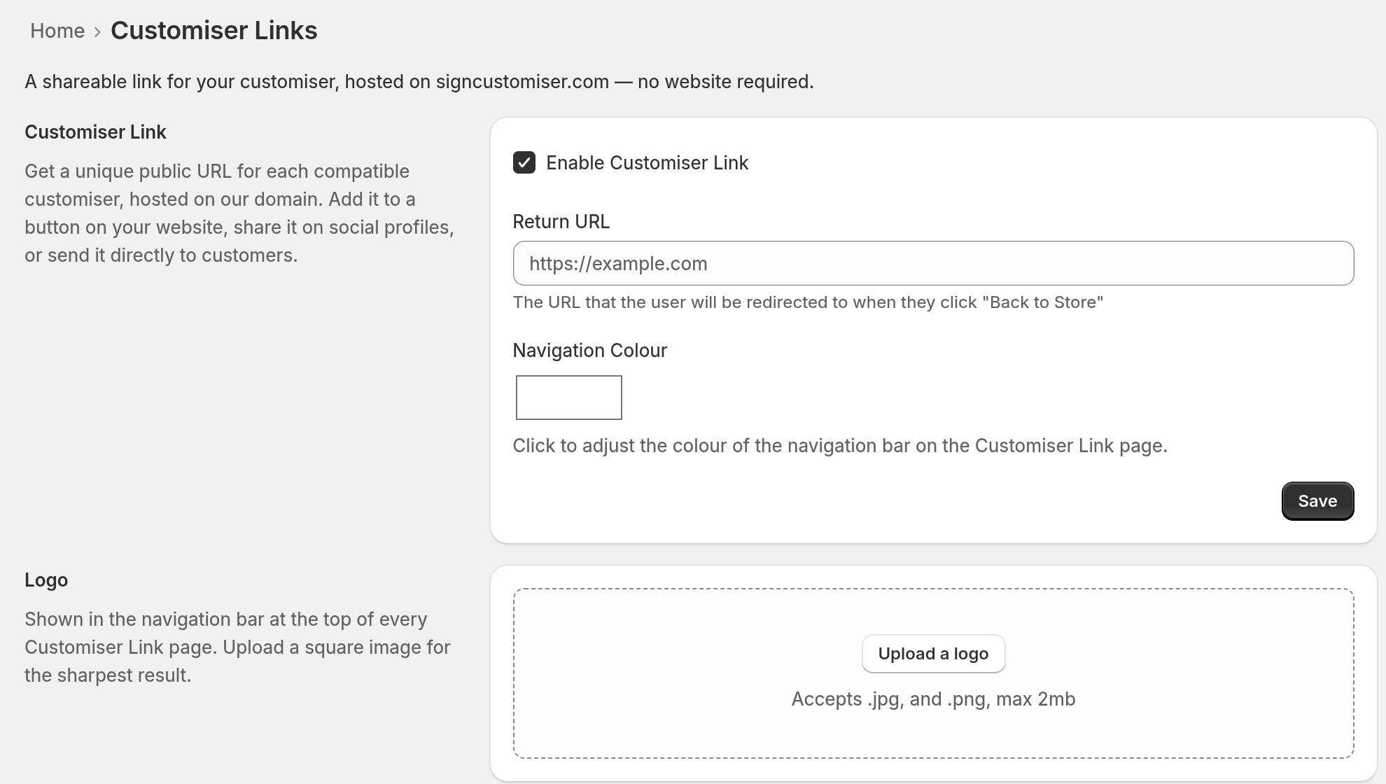 Customiser Links page with Enable Customiser Link ticked, showing the Return URL field, the Navigation Colour control and the Logo card