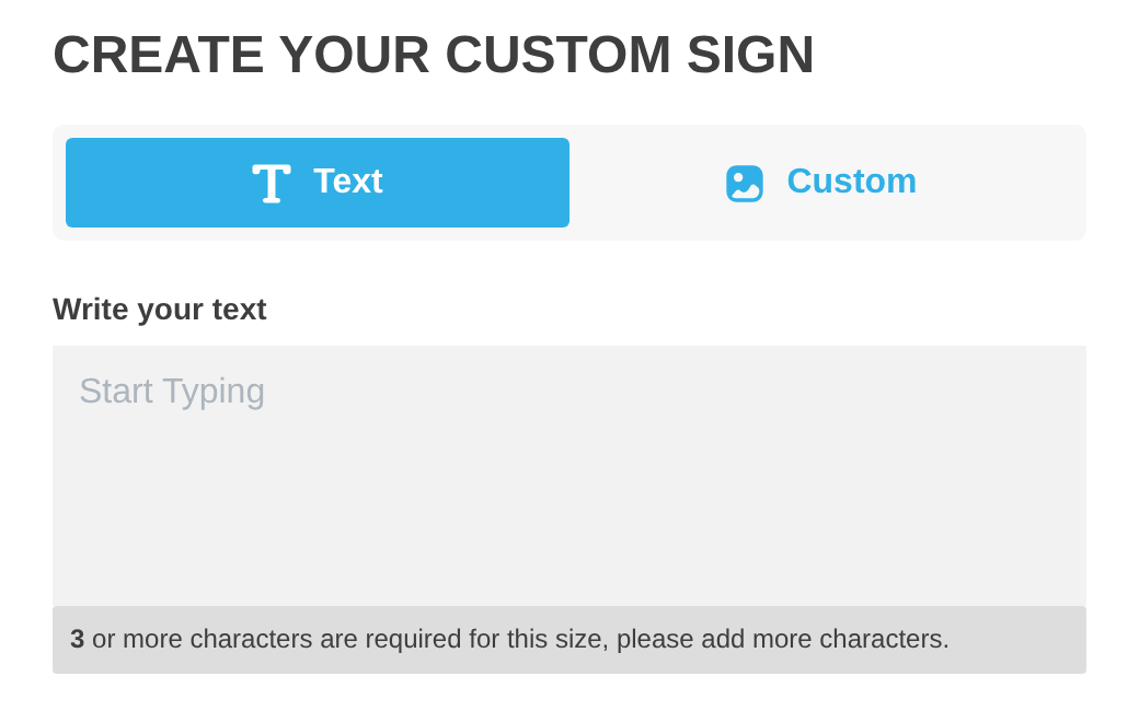 The customer customiser with the Text and Custom switch at the top of the options column