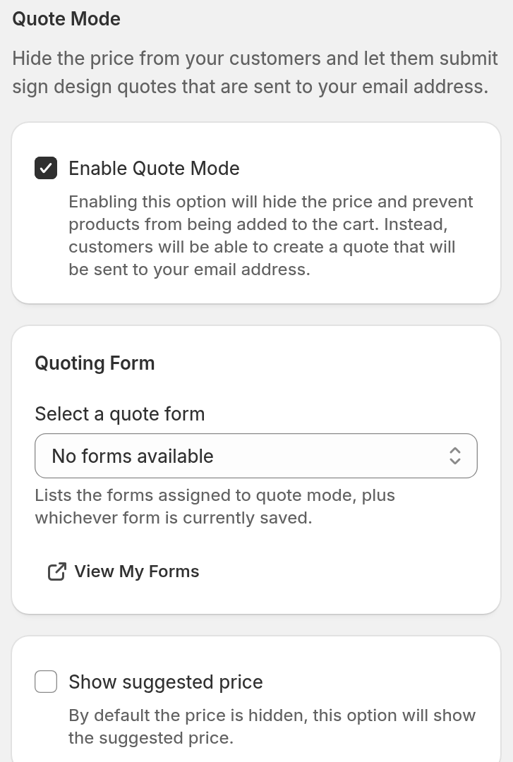 Quote Mode page with Enable Quote Mode ticked and the Select a quote form field