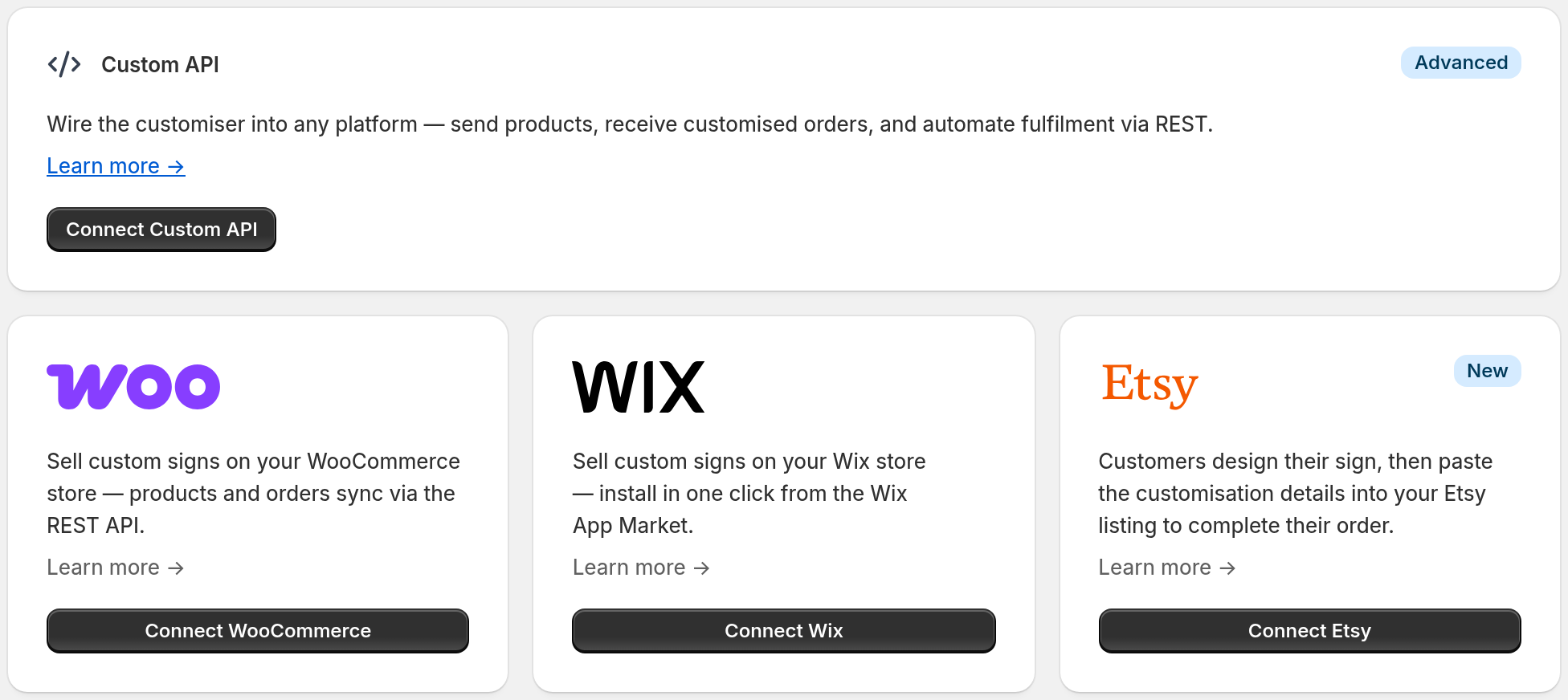Integrations page cards for Custom API, WooCommerce, Wix and Etsy
