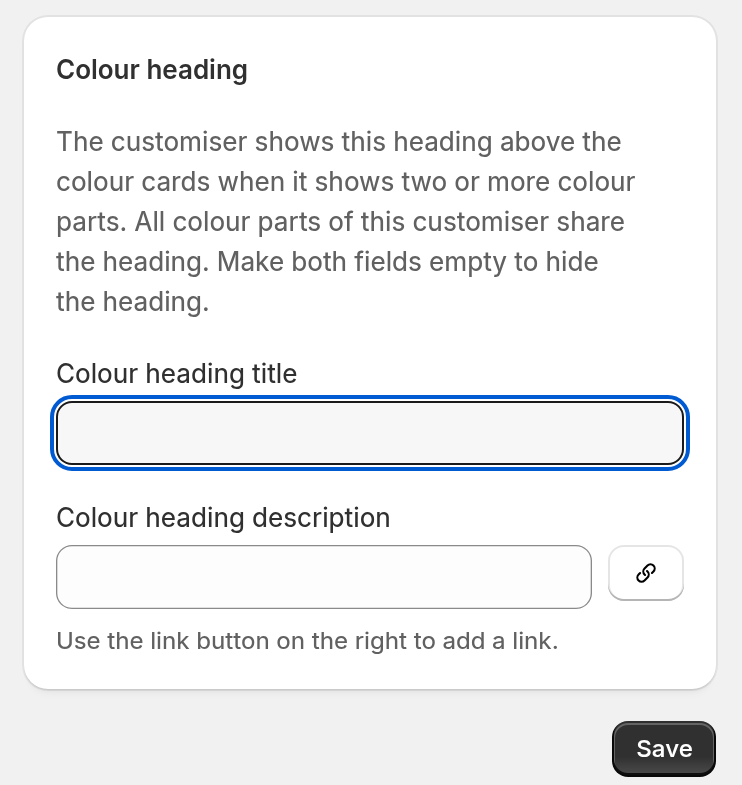 The Colour heading section in the merchant admin, with the helper text, the Colour heading title field, the Colour heading description field and the Save button.
