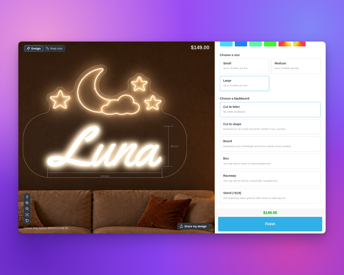 The customer customiser at the Large size. A moon, cloud and stars artwork sits above the text