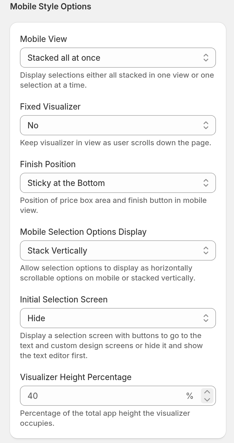 The Mobile Style Options section in General Settings, with Mobile View set to Stacked all at once and the Fixed Visualiser, Finish Position, Mobile Selection Options Display, Initial Selection Screen and Visualiser Height Percentage settings below it.