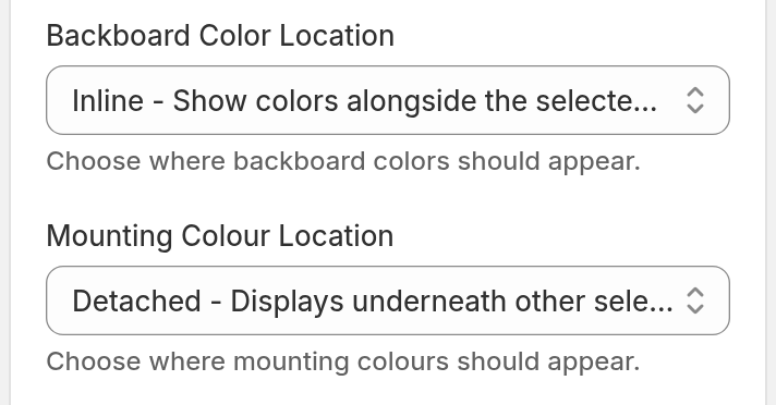 General Settings with the Mounting Colour Location select set to Detached - Displays underneath other selections.