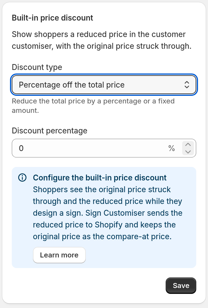 The Built-in price discount card with Discount type set to Percentage off the total price and the Discount percentage field.