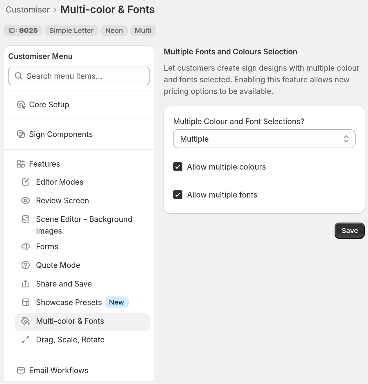 The Multi-colour & Fonts page with Multiple Colour and Font Selections? set to Multiple
