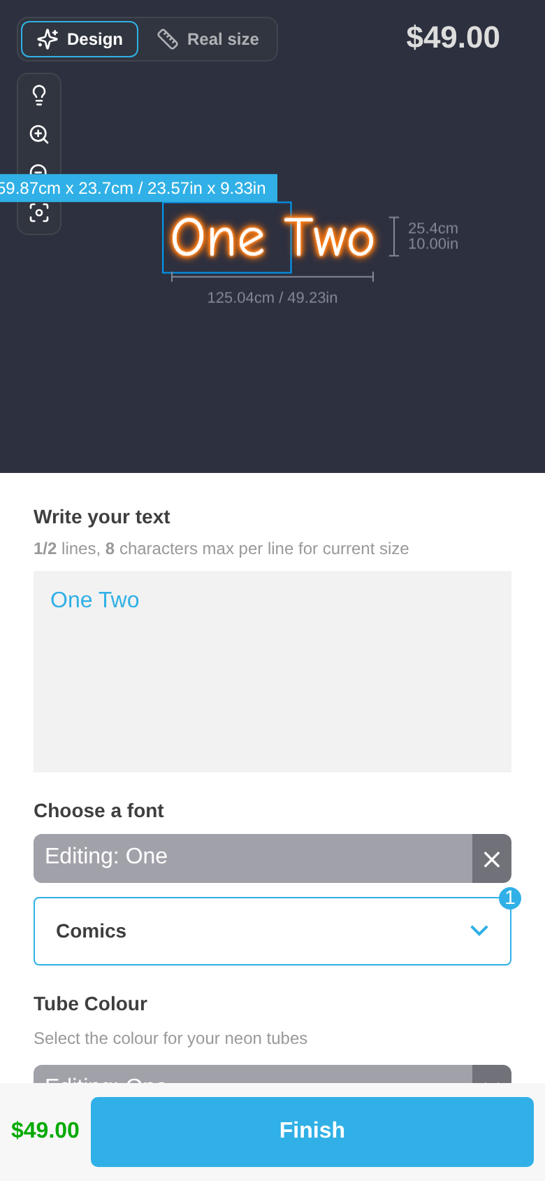 The customer customiser on a phone with the word One selected and an Editing: One bar above the font choice