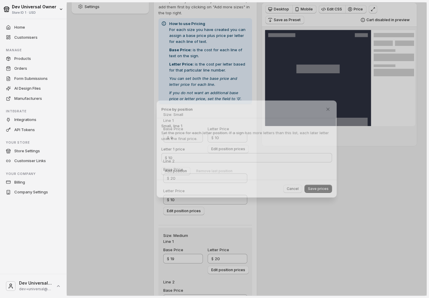 Simple Letter Price by position editor for line 1