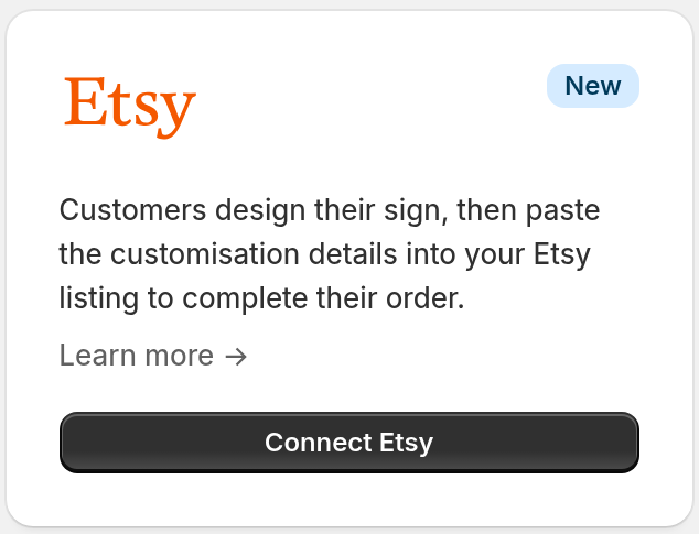The Etsy card on the Integrations and Webhooks page with the Connect Etsy button