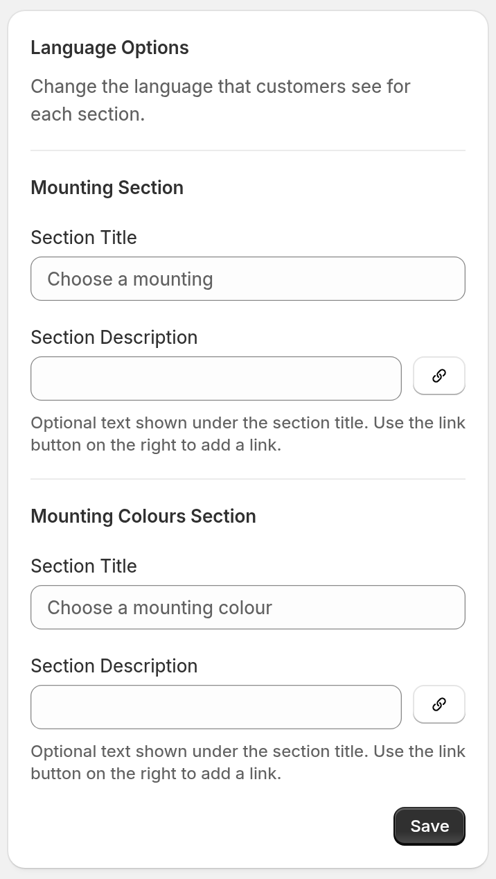 The Language Options card on the Mountings page. Under Mounting Section, the Section Title field shows the placeholder 'Choose a mounting' and the Section Description field is empty.