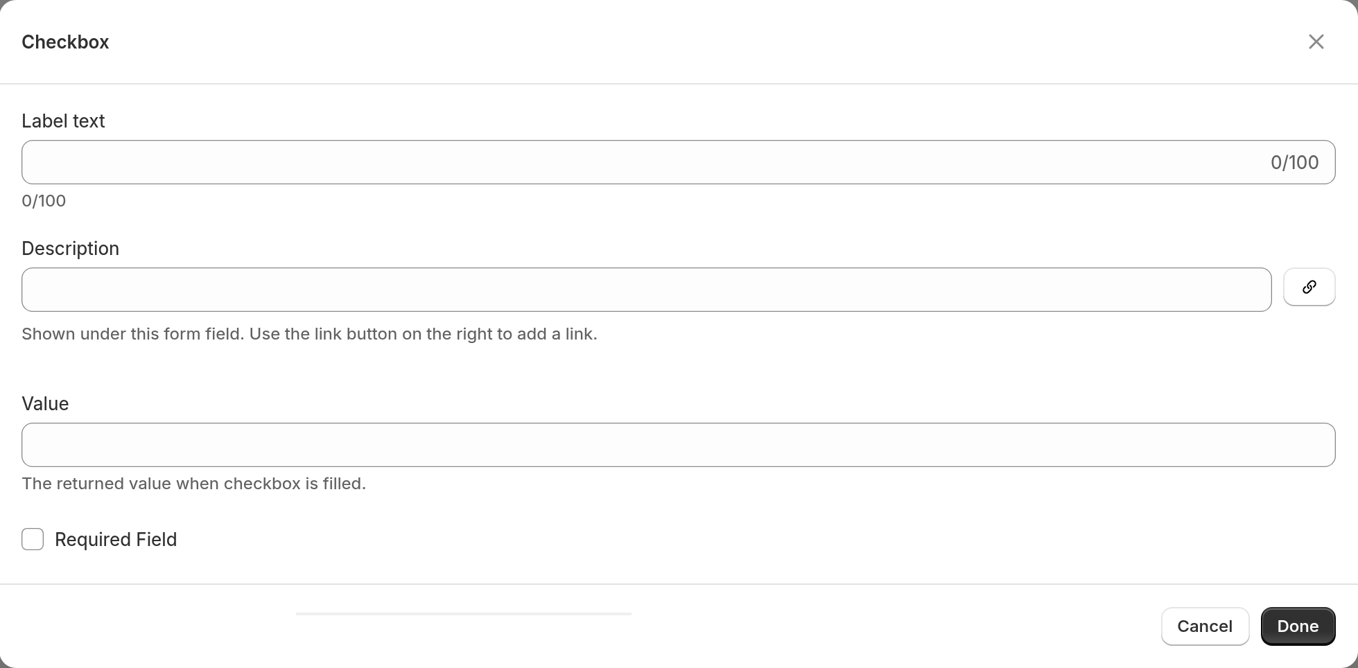 The Checkbox field window with Label text, Description, a single Value box and the Required Field setting.