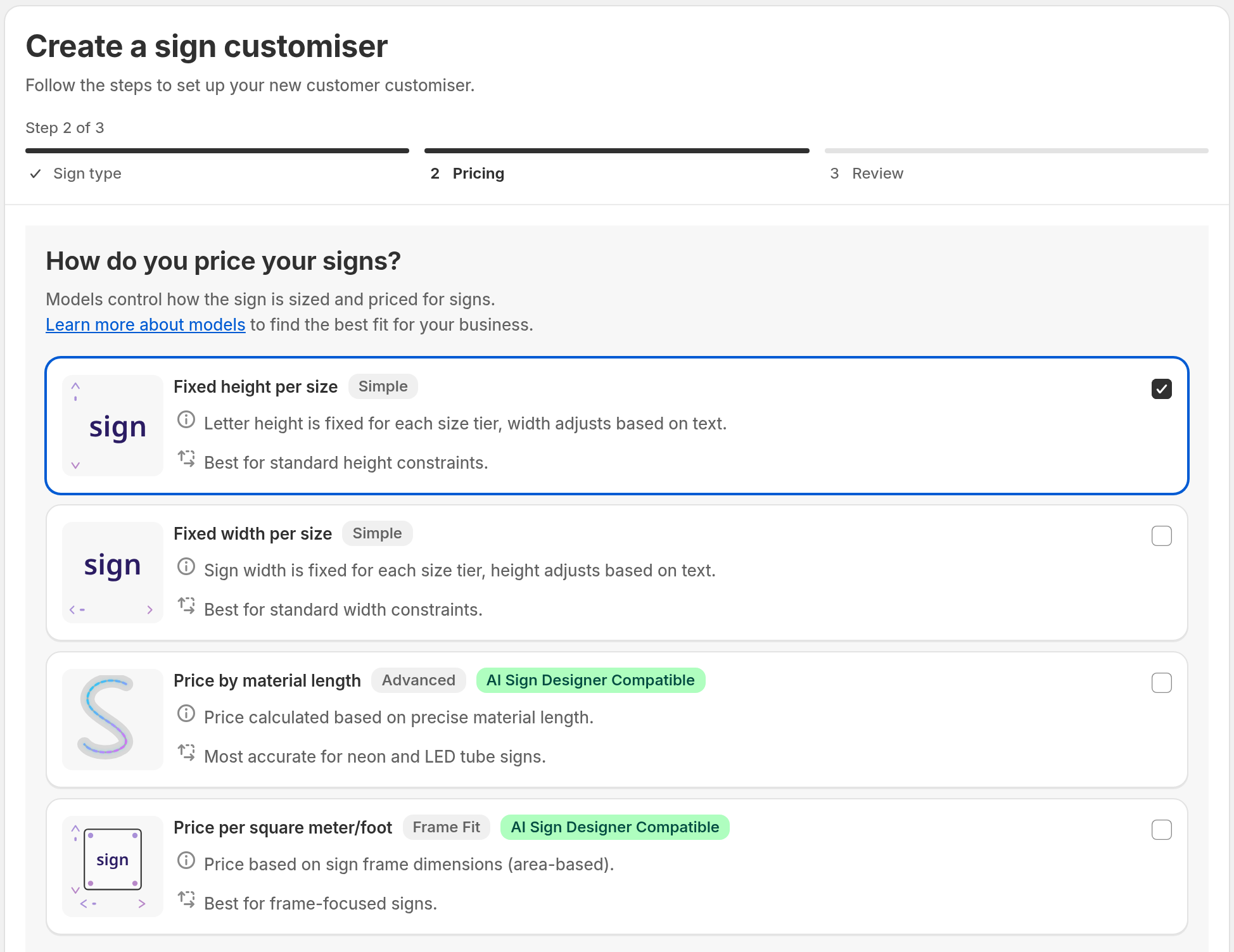 The Pricing step of the create flow with four options: Fixed height per size, Fixed width per size, Price by material length and Price per square meter/foot.