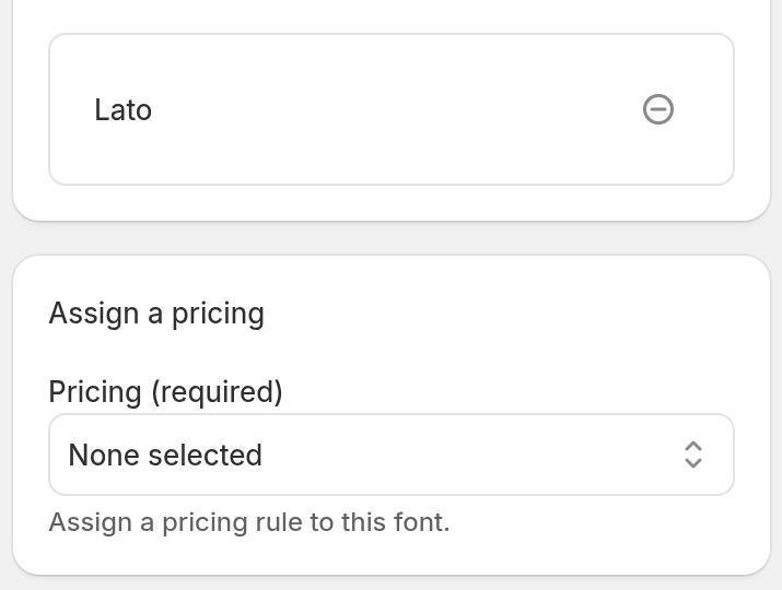 The New Font form with the Lato font in the Font section and the Assign a pricing section