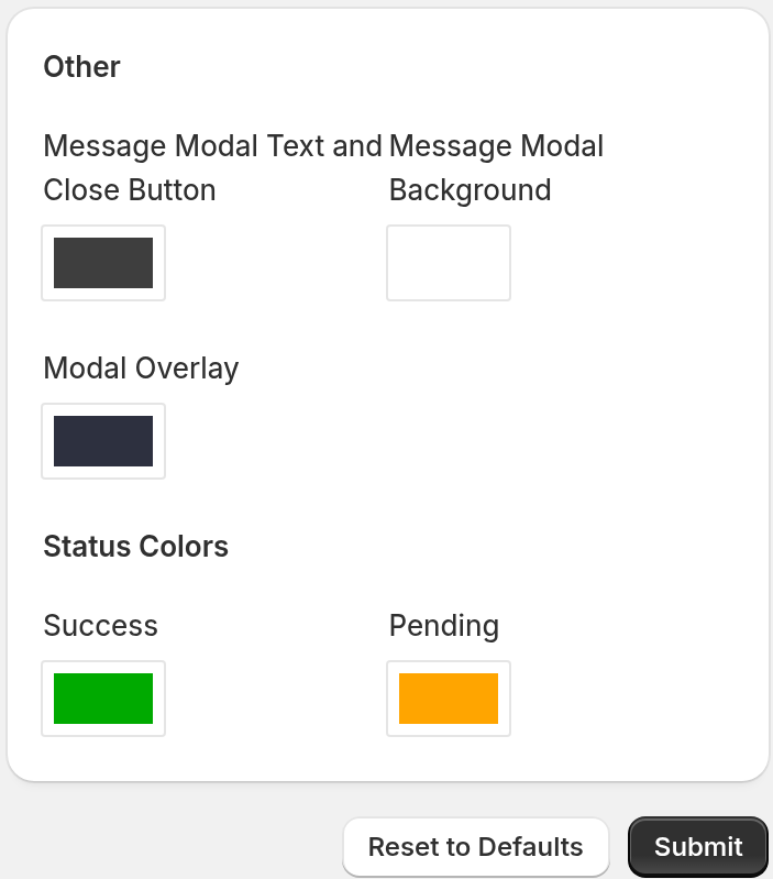 The Other and Status Colours sections of the Colour Scheme page, with the Submit and Reset to Defaults buttons