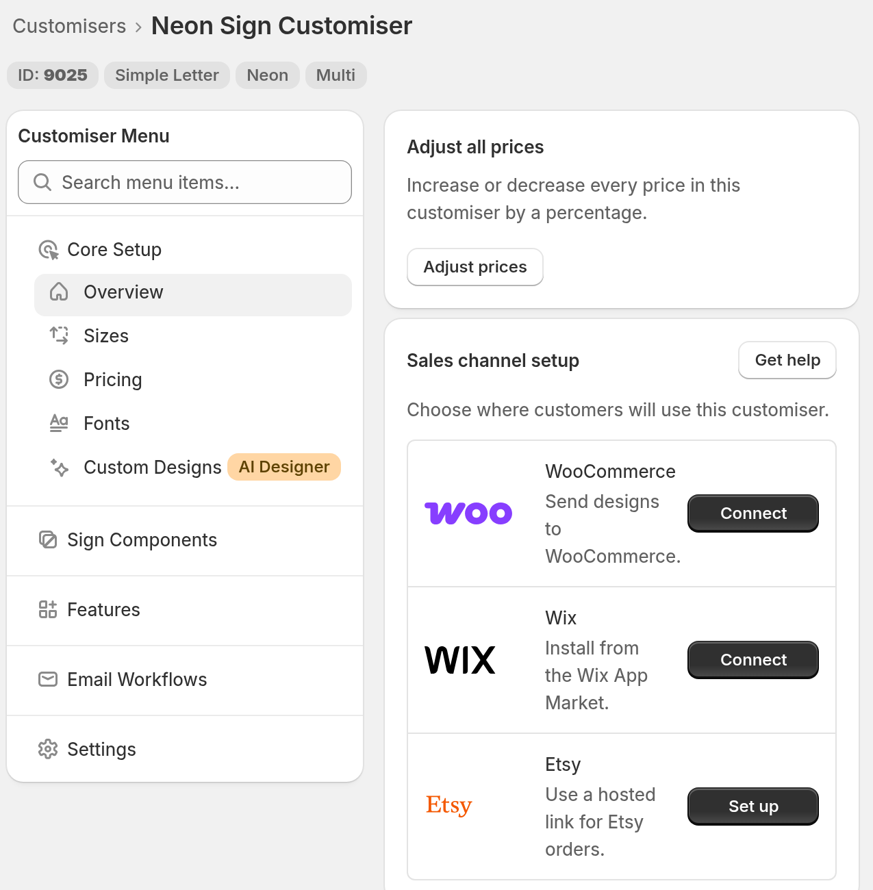 The Overview page of a customiser. The ID: 9025 label is under the customiser name, Overview is selected under Core Setup, and Sales channel setup lists WooCommerce, Wix and Etsy.