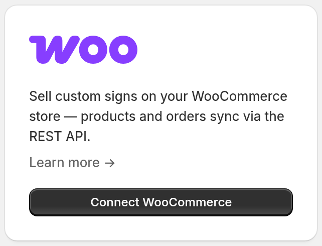 The WooCommerce card on the Integrations and Webhooks page in Sign Customiser, with the Connect WooCommerce button