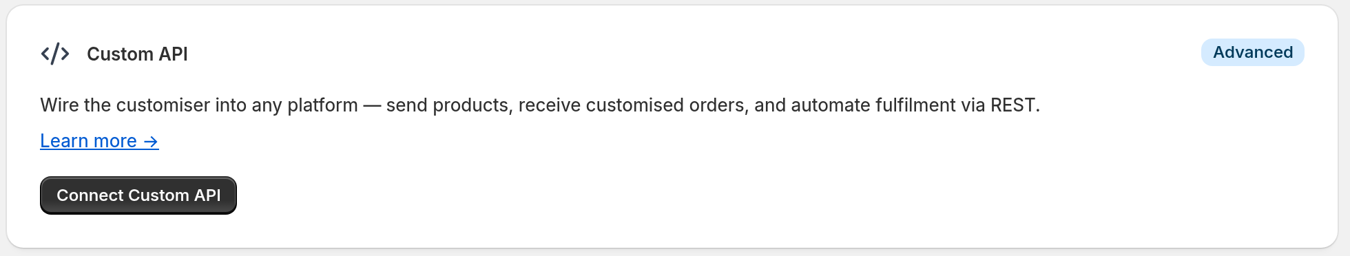 The Custom API card on the Integrations and Webhooks page, with the Advanced badge and the Connect Custom API button