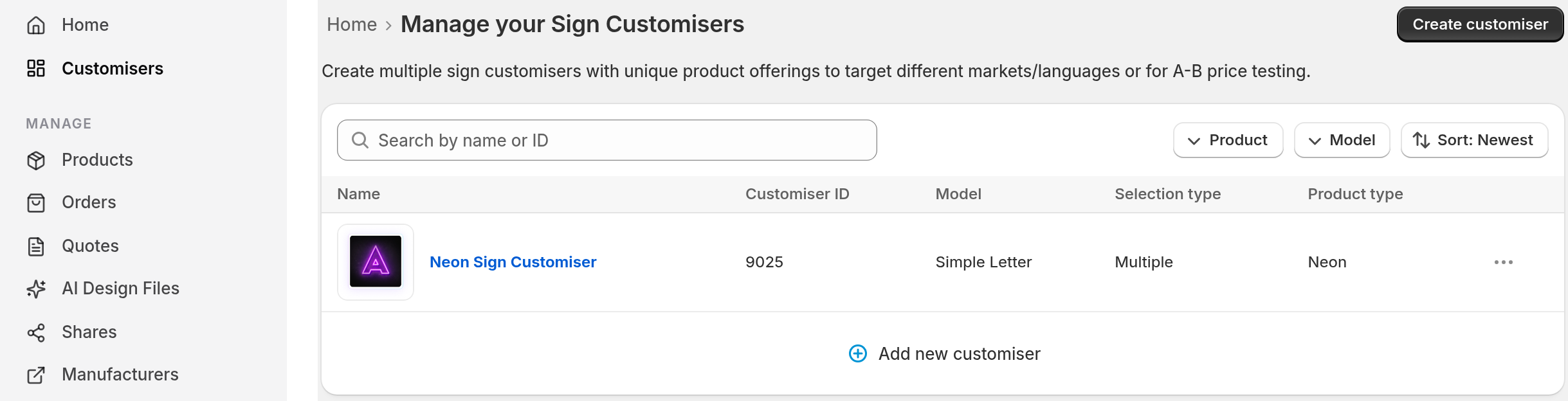 The Customisers page in the Sign Customiser admin, with Customisers in the sidebar and a list of customisers