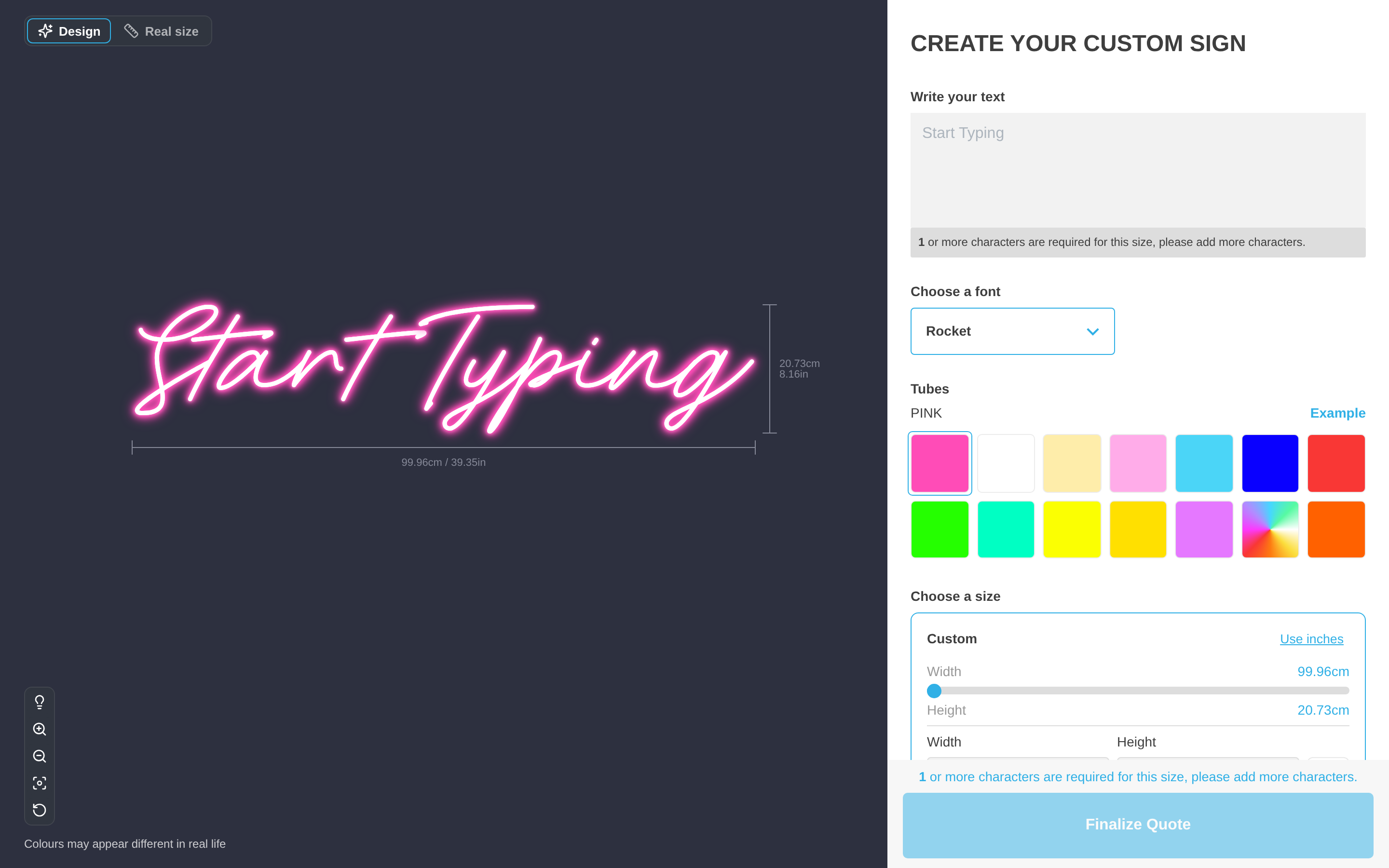 The customer customiser in Quote Mode with the Finalize Quote button and no price shown.