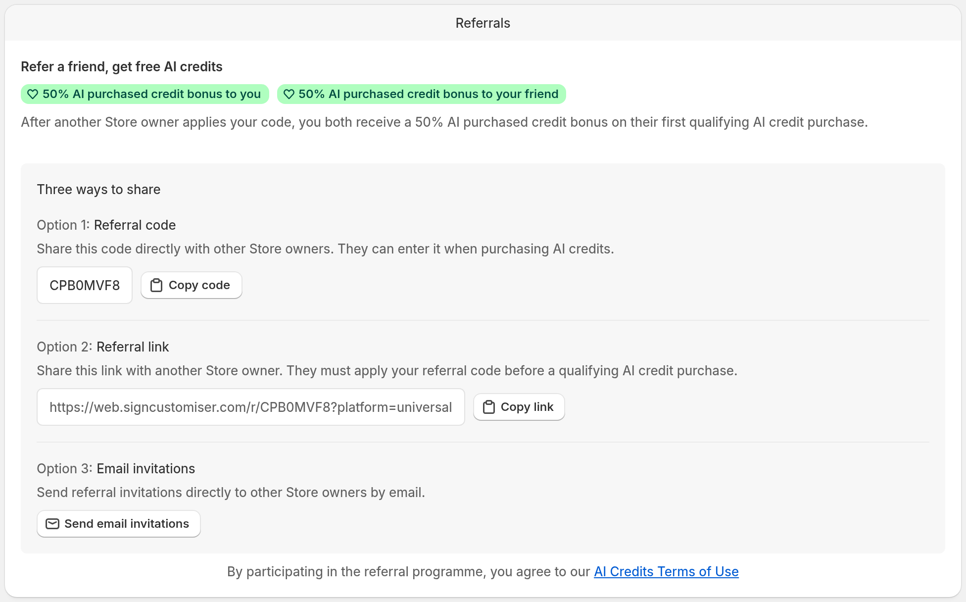 The Referrals card on the Purchase AI Credits page with the referral code, referral link and email invitation options
