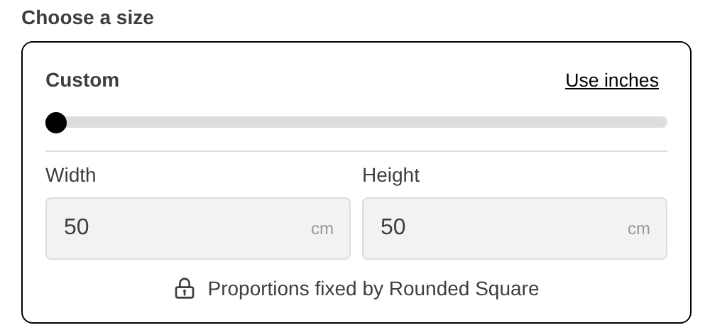 The Choose a size section for a custom shape sign showing a size slider, Width and Height fields and a padlock note that the Rounded Square shape fixes the proportions