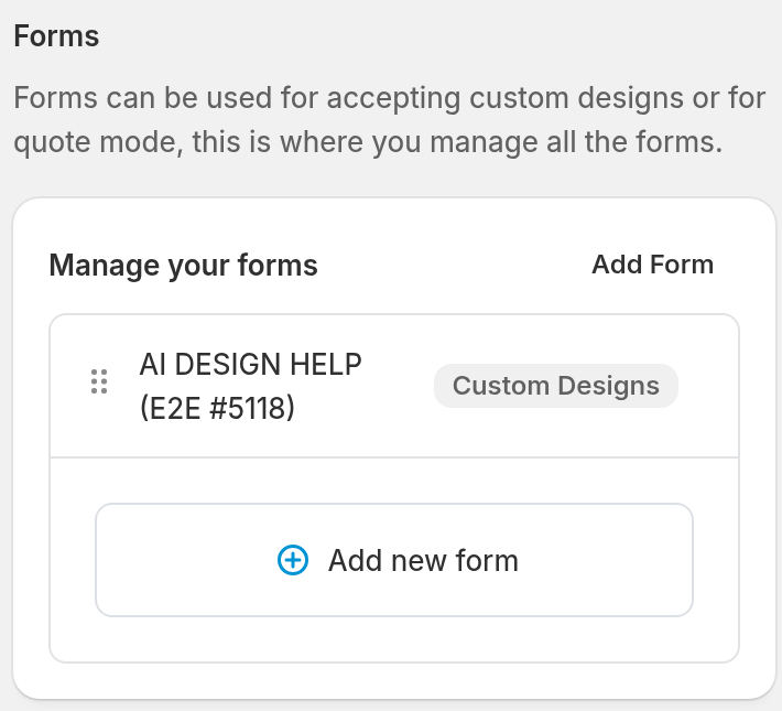 The Manage your forms card in the Forms page, with the Add Form button at the top right and one form in the list.