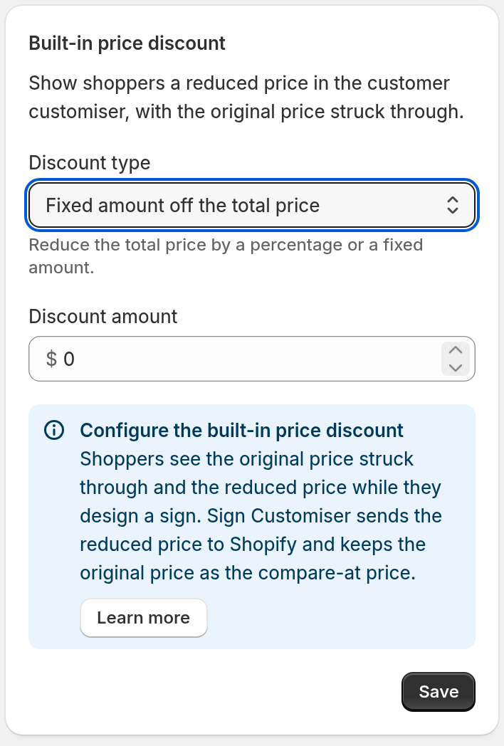 The Built-in price discount card with Discount type set to Fixed amount off the total price and the Discount amount field.